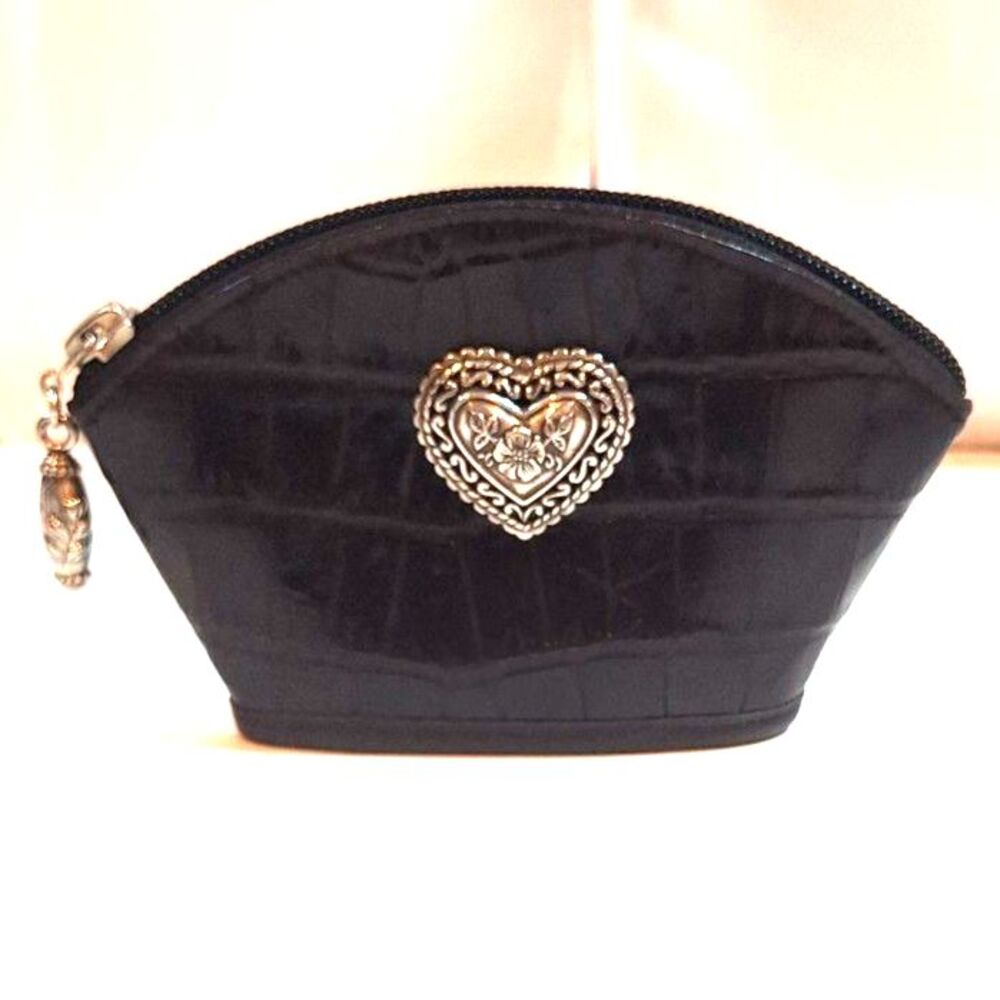 Brighton Black Croc Embossed Small Jewelry Case Cosmetic Pouch with Silver Heart
